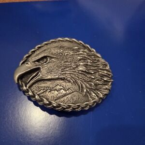 Eagle Head Portrait Pewter Silver Tone Oval Belt Buckle Rope Border
